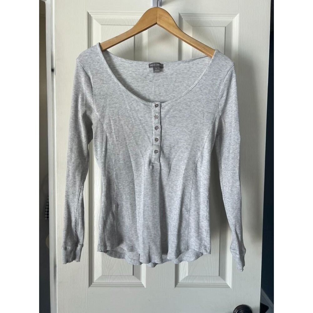 Falls Creek Ribbed Henley Top Women’s Large Gray Long Sleeve Stretch